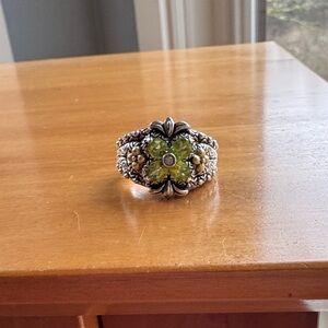 Sterling Silver Floral Ring with Green Gemstone Accent
